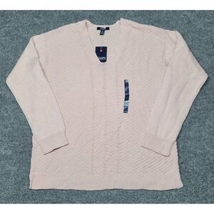 Chaps Pullover Sweater Womens L Pink Long Sleeve V Neck Cable Knit Shimmer New
